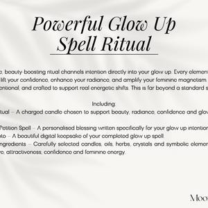 May include: Cream-colored graphic with the text "Powerful Glow Up Spell Ritual." The text describes a ritual to boost confidence and radiance, including a candle ritual, personal petition spell, ritual photo, and sacred ingredients.