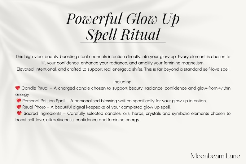 May include: Cream-colored graphic with the text "Powerful Glow Up Spell Ritual." The text describes a ritual to boost confidence and radiance, including a candle ritual, personal petition spell, ritual photo, and sacred ingredients.