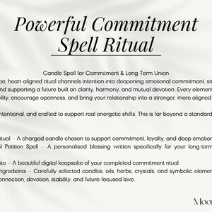 May include: A cream-coloured graphic with the text "Powerful Commitment Spell Ritual." The text describes a candle spell for commitment and long-term union, including a candle ritual, personal petition spell, ritual photo, and sacred ingredients.