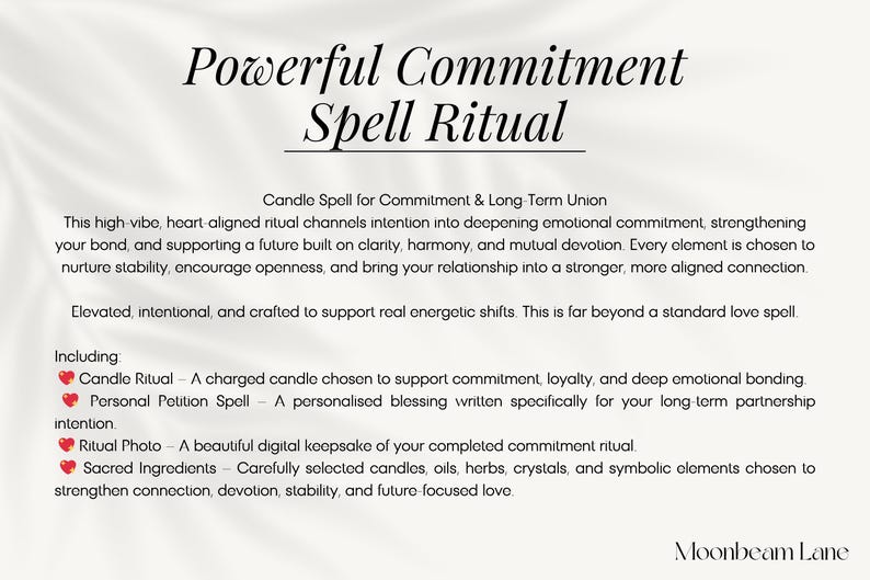 May include: A cream-coloured graphic with the text "Powerful Commitment Spell Ritual." The text describes a candle spell for commitment and long-term union, including a candle ritual, personal petition spell, ritual photo, and sacred ingredients.