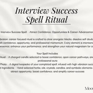 May include: Cream-colored graphic with the text "Interview Success Spell Ritual." The text describes a ritual to attract confidence, opportunities, and career advancement. Includes a candle ritual, ritual photo, and sacred ingredients.