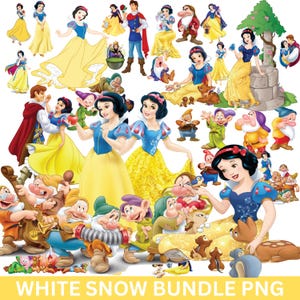 Aquarelle blanche neige Clipart, chambre de bébé princesse mignonne PNG, sept nains, chalet, oiseaux, pomme empoisonnée, arc miroir blanc neige, blanc neige coquete