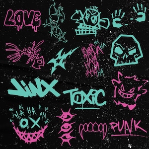 Jinx Graffiti Arcane png svg clipart, Jinx Graffiti Arcane Png Svg, League of Legends handgetekende fanart digitale stickers voor doe-het-zelfprojecten