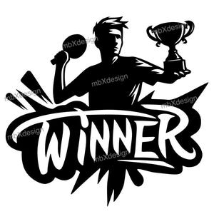 May include: Black and white illustration of a table tennis player holding a paddle and a trophy. The player is silhouetted against a black and white background with the word "WINNER" in large white letters.