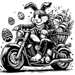 Op de afbeelding: Een zwart-witte illustratie van een konijn met een bandana en een leren jack dat een motorfiets rijdt. Het konijn houdt een mand met paaseieren vast.