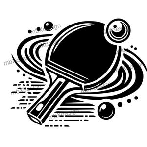 Könnte beinhalten: Schwarz-weiß-Illustration eines Tischtennis-Schlägers mit einem Ball in Bewegung. Der Schläger befindet sich im Vordergrund und der Ball im Hintergrund. Das Bild ist mit einem wirbelnden Design gestaltet.