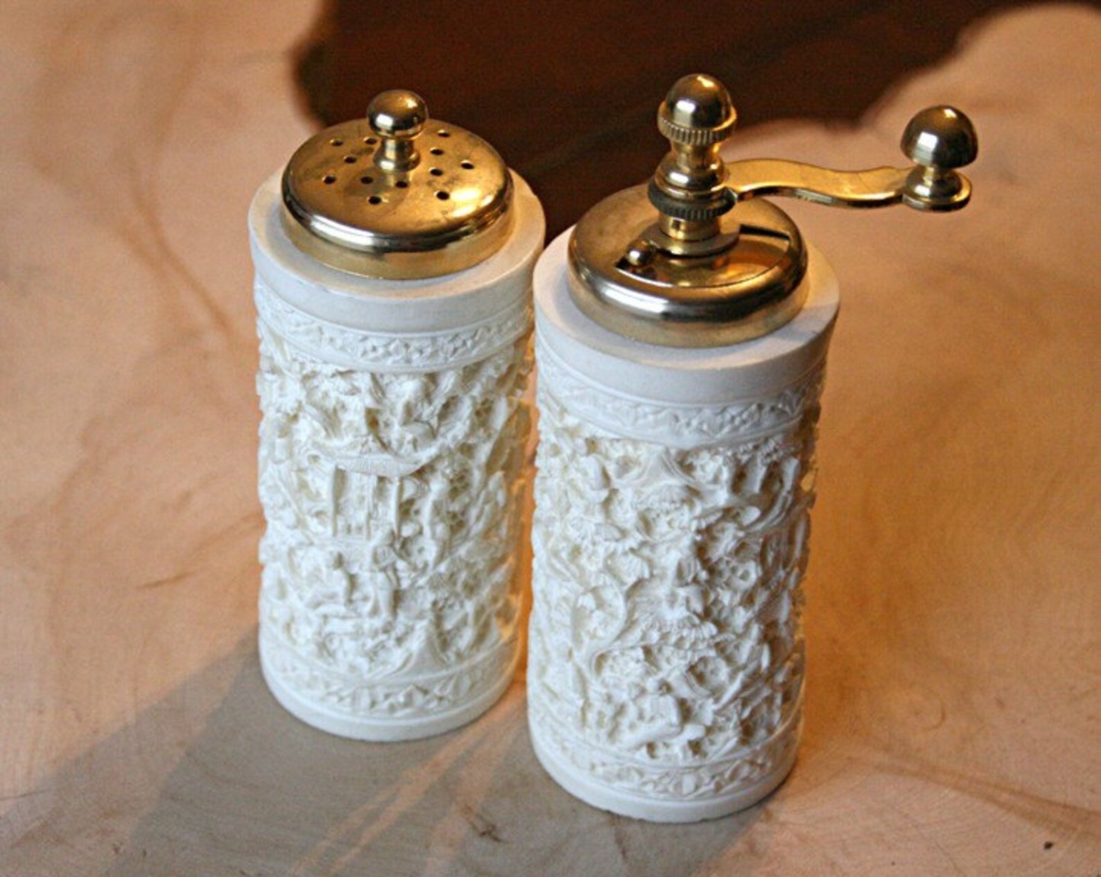 Vintage Italian Salt and Pepper Mill. Brass and Faux Carved Etsy