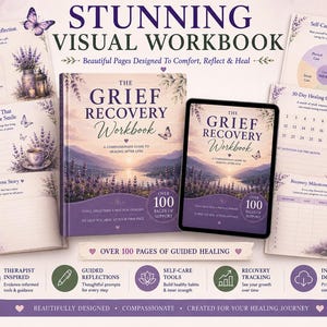 May include: A physical and digital workbook titled The Grief Recovery Workbook, featuring a lavender-themed cover with a lake and mountain landscape. The set includes various internal pages for self-care, reflection, and tracking, decorated with lavender sprigs, butterflies, and lanterns.