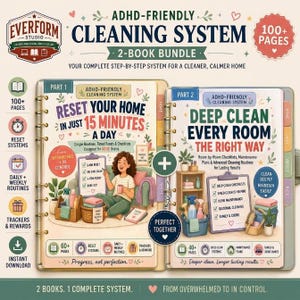 Op de afbeelding: ADHD-vriendelijk reinigingssysteem 2-boekenbundel. De open boeken bevatten kleurrijke illustraties en tekst, waaronder "Reset Your Home" en "Deep Clean Every Room". Het ontwerp bevat pictogrammen voor routines, trackers en beloningen.