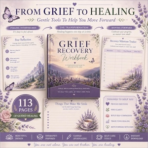 May include: A grief recovery workbook with a lavender and mountain landscape cover, surrounded by printable pages featuring a fear reflection sheet, a recovery milestone tracker, and a list for things that make me smile, all decorated with lavender flowers and butterflies.