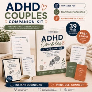 Puede incluir: Kit de acompañamiento para parejas con TDAH con un cuaderno de trabajo, tarjetas y un flipbook digital. El kit incluye herramientas prácticas e imprimibles para comunicarse mejor, reducir la sobrecarga y reconectar suavemente. La portada muestra el título y una ilustración de pareja.