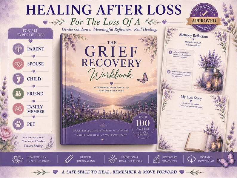 May include: The Grief Recovery Workbook features a lavender-themed cover with a landscape illustration of mountains and a lake. The workbook includes sections for memory reflection and loss stories, with over 100 pages of guided healing exercises.