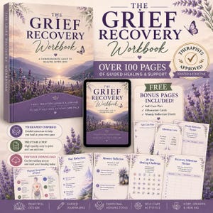 May include: The Grief Recovery Workbook, a guide to healing after loss, featuring a lavender field and lake cover. Includes a tablet display, bonus pages like a self-care plan, affirmation cards, reflection sheets, and a 30-day healing challenge.
