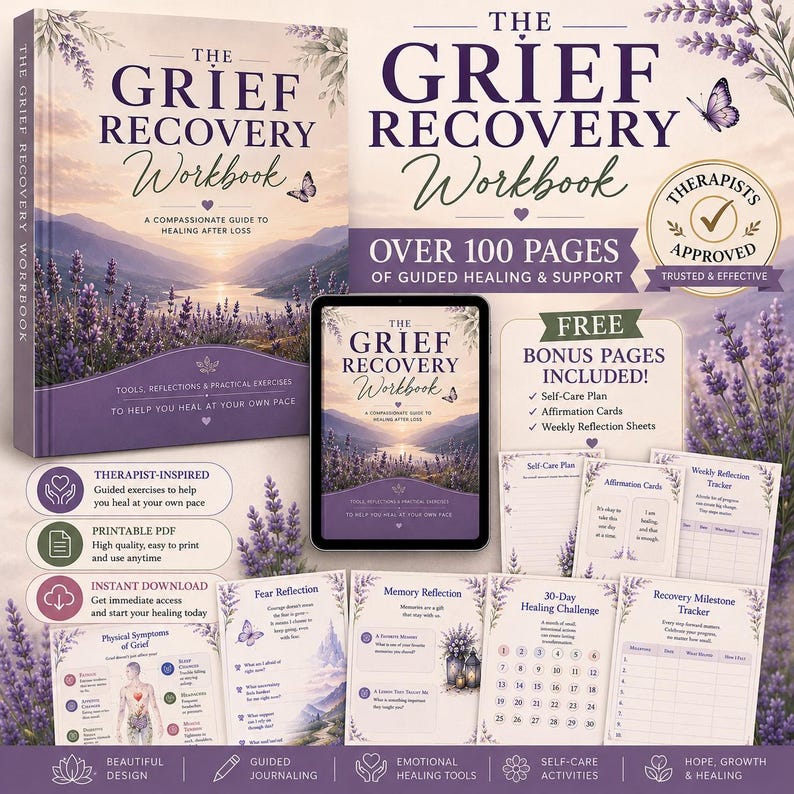 May include: The Grief Recovery Workbook, a guide to healing after loss, featuring a lavender field and lake cover. Includes a tablet display, bonus pages like a self-care plan, affirmation cards, reflection sheets, and a 30-day healing challenge.
