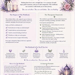 May include: A grief workbook page titled About This Workbook, featuring lavender floral illustrations, a candle, and a lantern. The text outlines the purpose, therapeutic framework, and usage instructions, with sections for self-compassion and healing.
