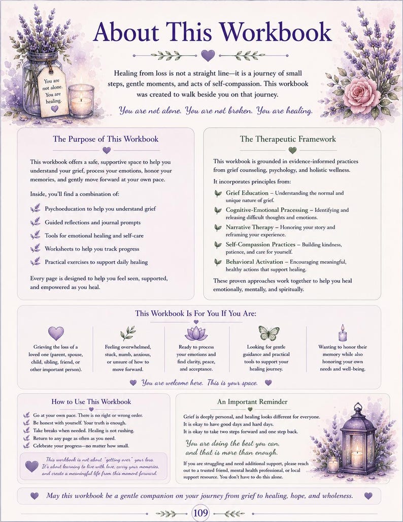 May include: A grief workbook page titled About This Workbook, featuring lavender floral illustrations, a candle, and a lantern. The text outlines the purpose, therapeutic framework, and usage instructions, with sections for self-compassion and healing.