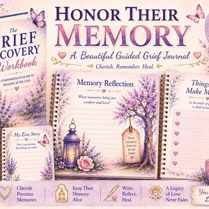 May include: A grief recovery workbook and guided journal set featuring lavender floral illustrations, lanterns, and butterflies. The pages include prompts like Memory Reflection and Things That Make Me Smile, with text reading Honor Their Memory.