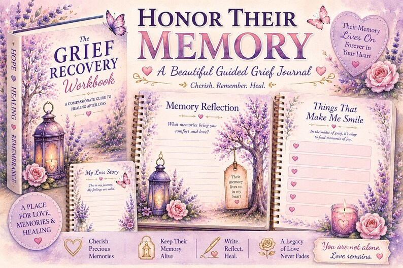 May include: A grief recovery workbook and guided journal set featuring lavender floral illustrations, lanterns, and butterflies. The pages include prompts like Memory Reflection and Things That Make Me Smile, with text reading Honor Their Memory.