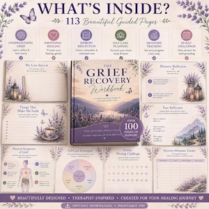 May include: The Grief Recovery Workbook features a lavender-themed cover with a mountain landscape. The layout displays 113 guided pages, including sections for memory reflection, self-care planning, recovery tracking, and a 30-day healing challenge.
