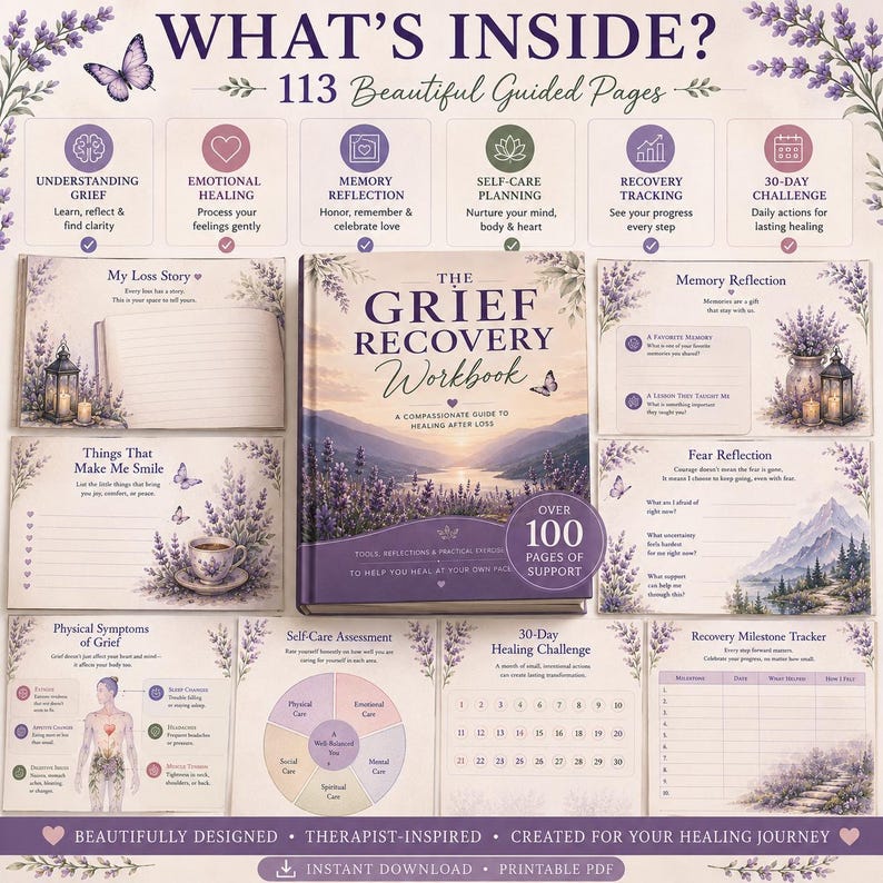 May include: The Grief Recovery Workbook features a lavender-themed cover with a mountain landscape. The layout displays 113 guided pages, including sections for memory reflection, self-care planning, recovery tracking, and a 30-day healing challenge.