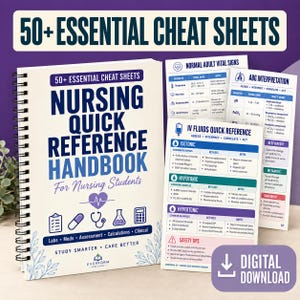 May include: A spiral-bound Nursing Quick Reference Handbook with a white cover featuring dark blue text, medical icons, and the title 50+ Essential Cheat Sheets. Two additional reference pages display tables for vital signs and IV fluids.