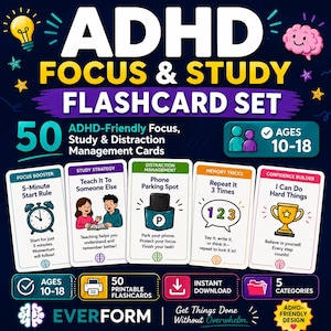 Peut inclure: Un ensemble de 50 cartes flash ADHD Focus & Study pour les 10-18 ans, comprenant cinq catégories : Focus Booster, Study Strategy, Distraction Management, Memory Tricks et Confidence Builder, avec des illustrations colorées sur fond sombre.