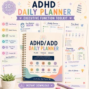 以下が含まれることがあります： 20ページ以上のADHDデイリープランナー。エグゼクティブ機能ツールキットとして設計されています。毎日の計画、毎週の計画、フォーカスツール、時間盲目サポート、印刷可能なPDFが含まれています。「ADHD/ADD Daily Planner」と「Instant Download」の文字があります。