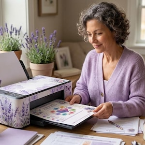 May include: A white inkjet printer decorated with a lavender floral pattern, featuring a paper tray holding a printed document with a heart graphic, positioned on a wooden surface alongside potted lavender plants and a lit candle.