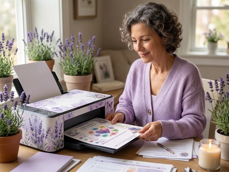 May include: A white inkjet printer decorated with a lavender floral pattern, featuring a paper tray holding a printed document with a heart graphic, positioned on a wooden surface alongside potted lavender plants and a lit candle.