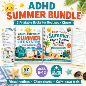 May include: An ADHD Summer Bundle featuring two spiral-bound printable books titled ADHD-Friendly Summer Life System and ADHD-Friendly Summer Chore System Checklist for Kids, including additional chore and checklist pages for children aged 6-12.