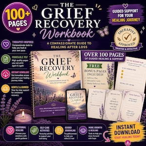 May include: The Grief Recovery Workbook is a spiral-bound book featuring a purple and gold cover with a landscape illustration of lavender fields at sunset. It includes over 100 pages, bonus printable pages, self-care plans, and affirmation cards.
