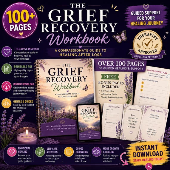 Grief & Loss Recovery Workbook, Guided Healing Journal, Bereavement Support (Digital Download)