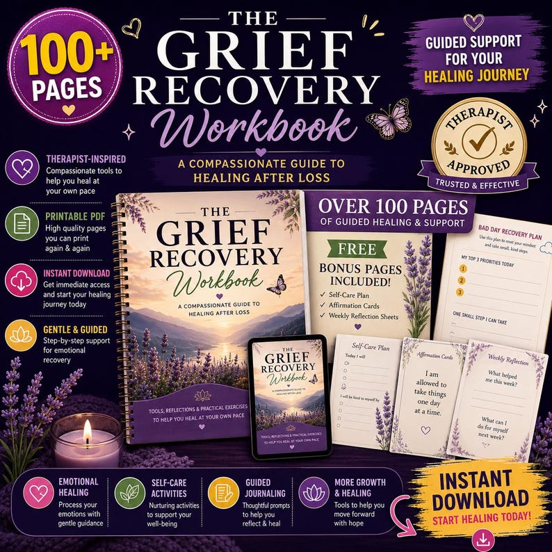 May include: The Grief Recovery Workbook is a spiral-bound book featuring a purple and gold cover with a landscape illustration of lavender fields at sunset. It includes over 100 pages, bonus printable pages, self-care plans, and affirmation cards.