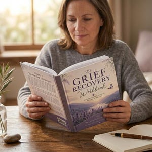 May include: A softcover book titled The Grief Recovery Workbook with a lavender and white cover featuring a butterfly illustration. The book is open to Chapter 2, The First Step: Acceptance, with text visible on the page and the cover.