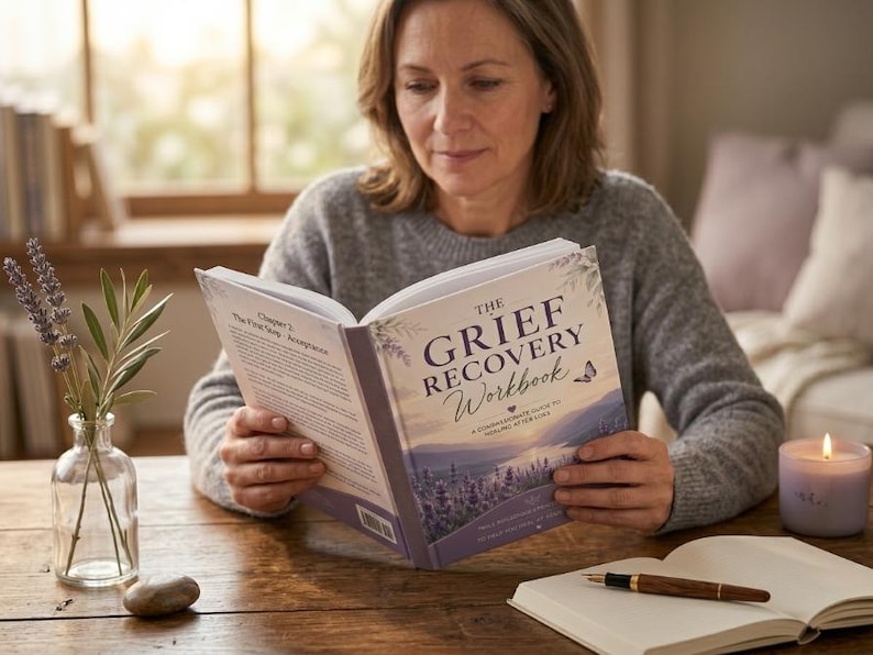 May include: A softcover book titled The Grief Recovery Workbook with a lavender and white cover featuring a butterfly illustration. The book is open to Chapter 2, The First Step: Acceptance, with text visible on the page and the cover.