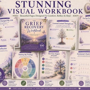 May include: A grief recovery workbook featuring a central book cover titled The Grief Recovery Workbook surrounded by various activity pages with lavender floral accents, tree illustrations, and prompts for emotional reflection and healing.