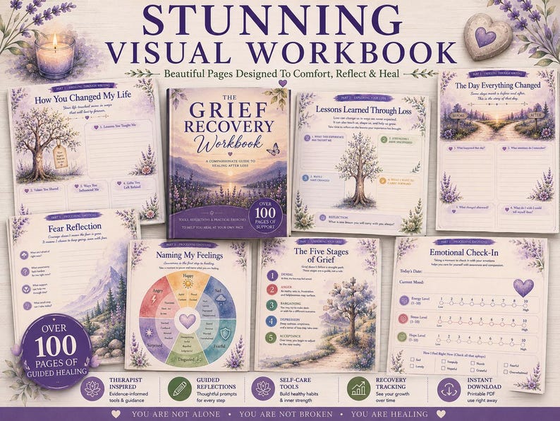 May include: A grief recovery workbook featuring a central book cover titled The Grief Recovery Workbook surrounded by various activity pages with lavender floral accents, tree illustrations, and prompts for emotional reflection and healing.