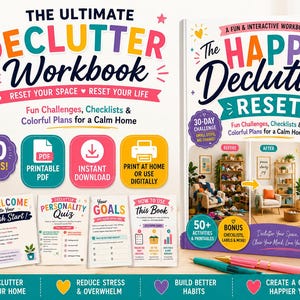 Peut inclure: Deux livres : The Ultimate Declutter Workbook et The Happy Declutter Reset. Les couvertures présentent du texte et des illustrations colorées, notamment des cœurs et des étoiles. Le cahier propose des défis amusants, des listes de contrôle et des plans pour une maison calme.