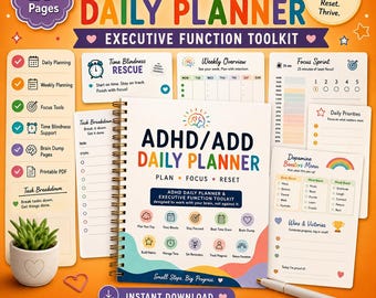 Op de afbeelding: Een ADHD-dagplanner en toolkit voor executieve functies met een spiraalgebonden omslag met kleurrijke iconen en tekst. De set bevat diverse printbare pagina's zoals een weekoverzicht, focus-sprint en een menu met dopamine-boosters op een oranje achtergrond.