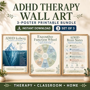 Set di 3 poster per la terapia dell'ADHD, poster sulle funzioni esecutive, decorazioni per studi di consulenza, stampe artistiche sulla salute mentale, download digitale.