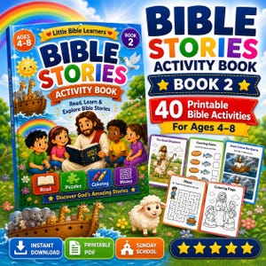 May include: A colorful Bible Stories Activity Book for ages 4-8, featuring illustrations of children, a figure reading a book, a wooden ark with animals, and a white sheep. The cover displays the text Bible Stories Activity Book and Read, Learn & Explore Bible Stories, with additional activity pages shown alongside.