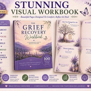 May include: A grief recovery workbook with a lavender and mountain landscape cover, featuring over 100 pages of guided healing exercises. The open pages display prompts for memory reflection, loss stories, and life lessons, decorated with floral illustrations.