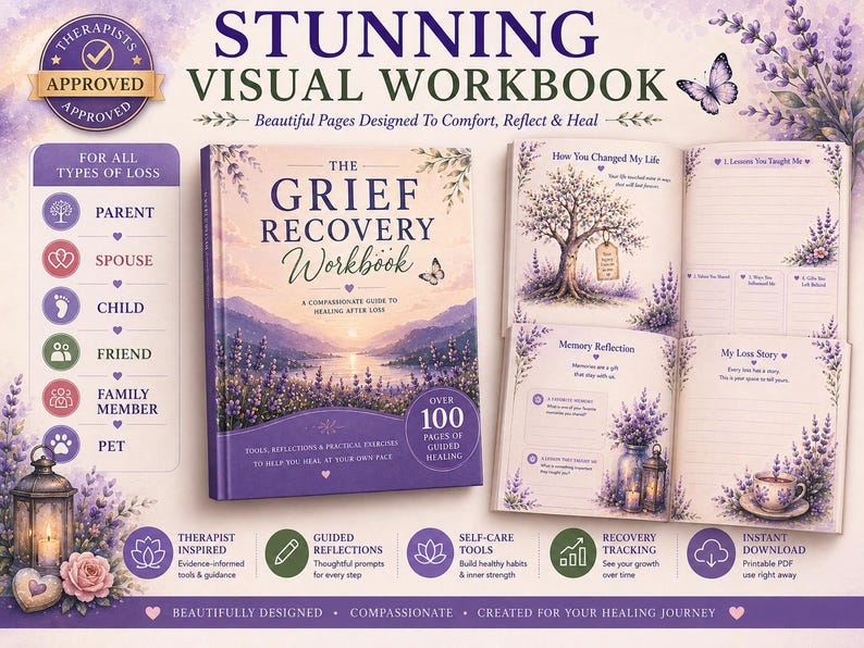 May include: A grief recovery workbook with a lavender and mountain landscape cover, featuring over 100 pages of guided healing exercises. The open pages display prompts for memory reflection, loss stories, and life lessons, decorated with floral illustrations.