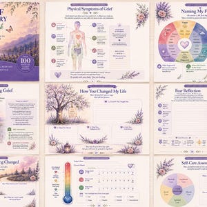 May include: The Grief Recovery Workbook features a purple cover with a landscape illustration and 100 pages of exercises. Inside pages include sections titled Physical Symptoms of Grief, Naming My Feelings, Understanding Grief, and Self-Care Assessment.
