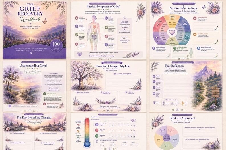 May include: The Grief Recovery Workbook features a purple cover with a landscape illustration and 100 pages of exercises. Inside pages include sections titled Physical Symptoms of Grief, Naming My Feelings, Understanding Grief, and Self-Care Assessment.