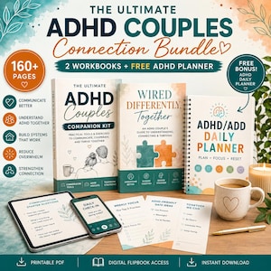 Peut inclure: Le bundle Ultimate ADHD Couples Connection comprend deux cahiers d'exercices et un planificateur quotidien ADHD gratuit. L'ensemble inclut une tablette, un smartphone, des feuilles imprimées, une tasse en céramique avec un cœur et un stylo.