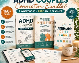 May include: The Ultimate ADHD Couples Connection Bundle includes two workbooks and a free ADHD daily planner. The set features a tablet, a smartphone, printed worksheets, a ceramic mug with a heart, and a pen, all displayed on a wooden surface.