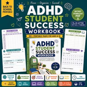 Peut inclure: Un cahier d'exercices numérique ADHD Student Success avec plus de 50 pages imprimables pour les 8-18 ans. L'ensemble comprend un planificateur hebdomadaire, un suivi des devoirs, un planificateur de session et un suivi d'habitudes de 30 jours.