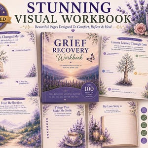 May include: A hardback book titled The Grief Recovery Workbook with a landscape cover featuring mountains and lavender, surrounded by five open workbook pages with prompts, floral illustrations, and a lavender-themed mug with a candle.
