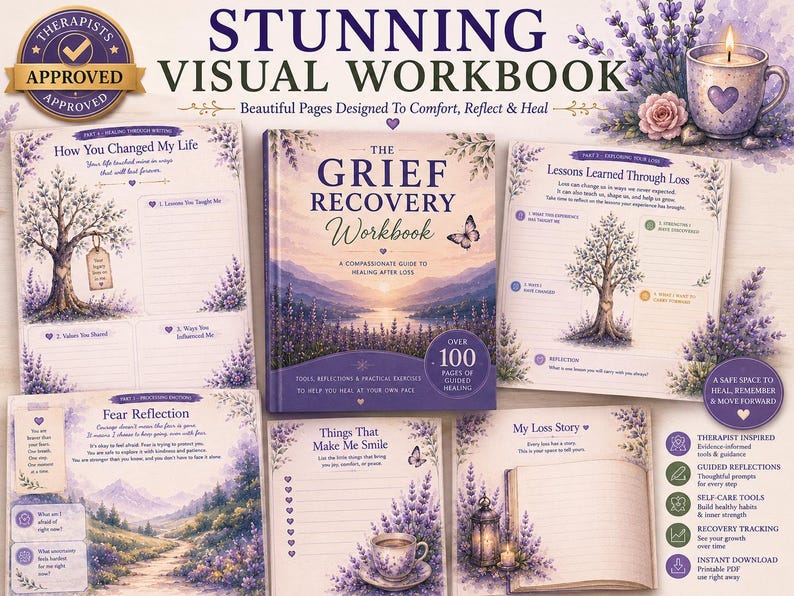 May include: A hardback book titled The Grief Recovery Workbook with a landscape cover featuring mountains and lavender, surrounded by five open workbook pages with prompts, floral illustrations, and a lavender-themed mug with a candle.
